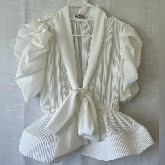 LUC-CE Womens Puff Half Sleeve Tunic Lace Up Bow Patchwork Ruffles Blouse - Picture 3 of 8